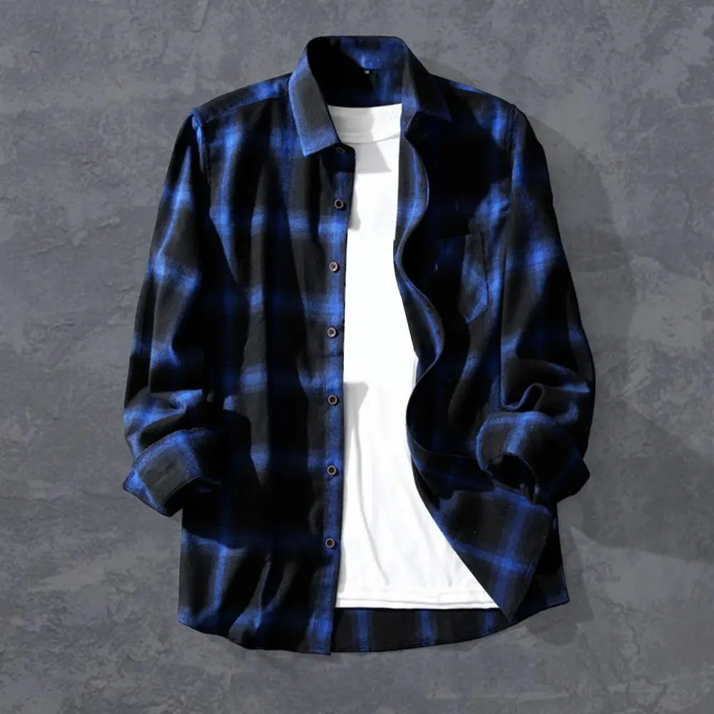 2025 Men Spring Shirt Plaid Print Long Sleeves Contrast Colors Turn-down Collar Lapel Shirt Warm Single-breasted Buttons Coat