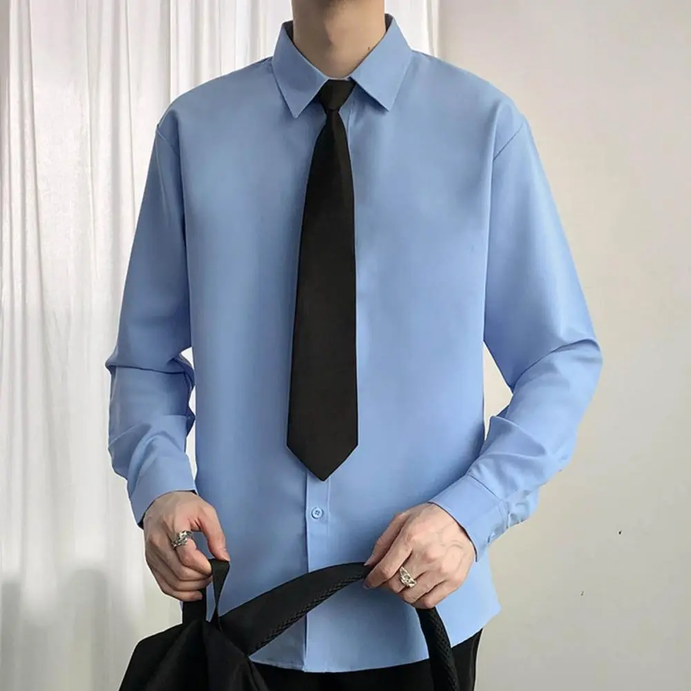 Spring Men Shirt with Tie Business School Style Young Men Lapel Shirt Single-breasted Long/Short Sleeves Loose Formal Shirt
