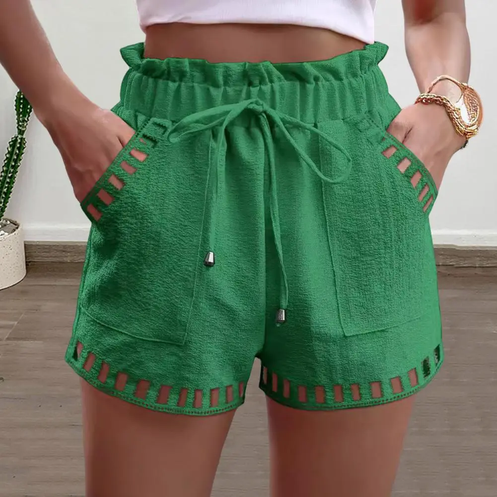 2025 Summer Women Shorts Cotton Blended Drawstring Shirring Edge Hollow Out Side Pockets Lady Short Pants Casual Mini Shorts