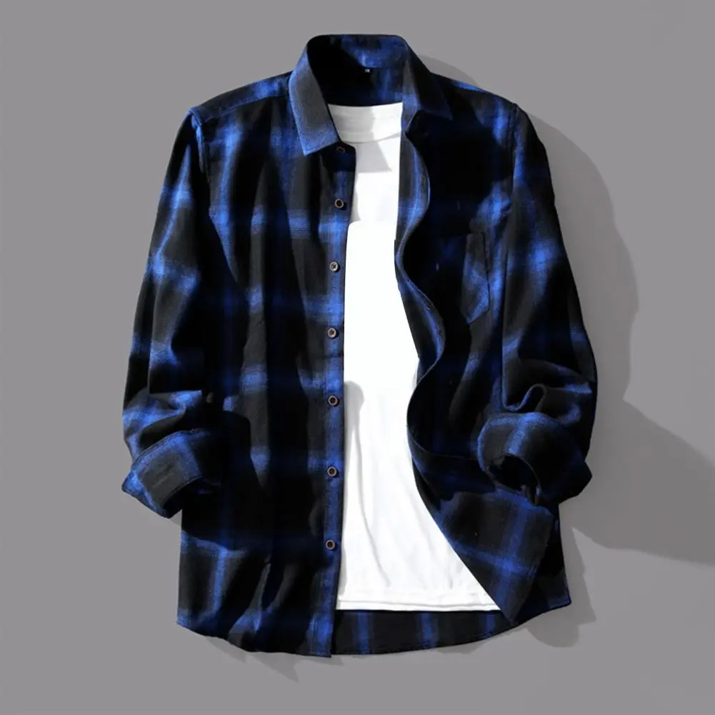 2025 Men Spring Shirt Plaid Print Long Sleeves Contrast Colors Turn-down Collar Lapel Shirt Warm Single-breasted Buttons Coat