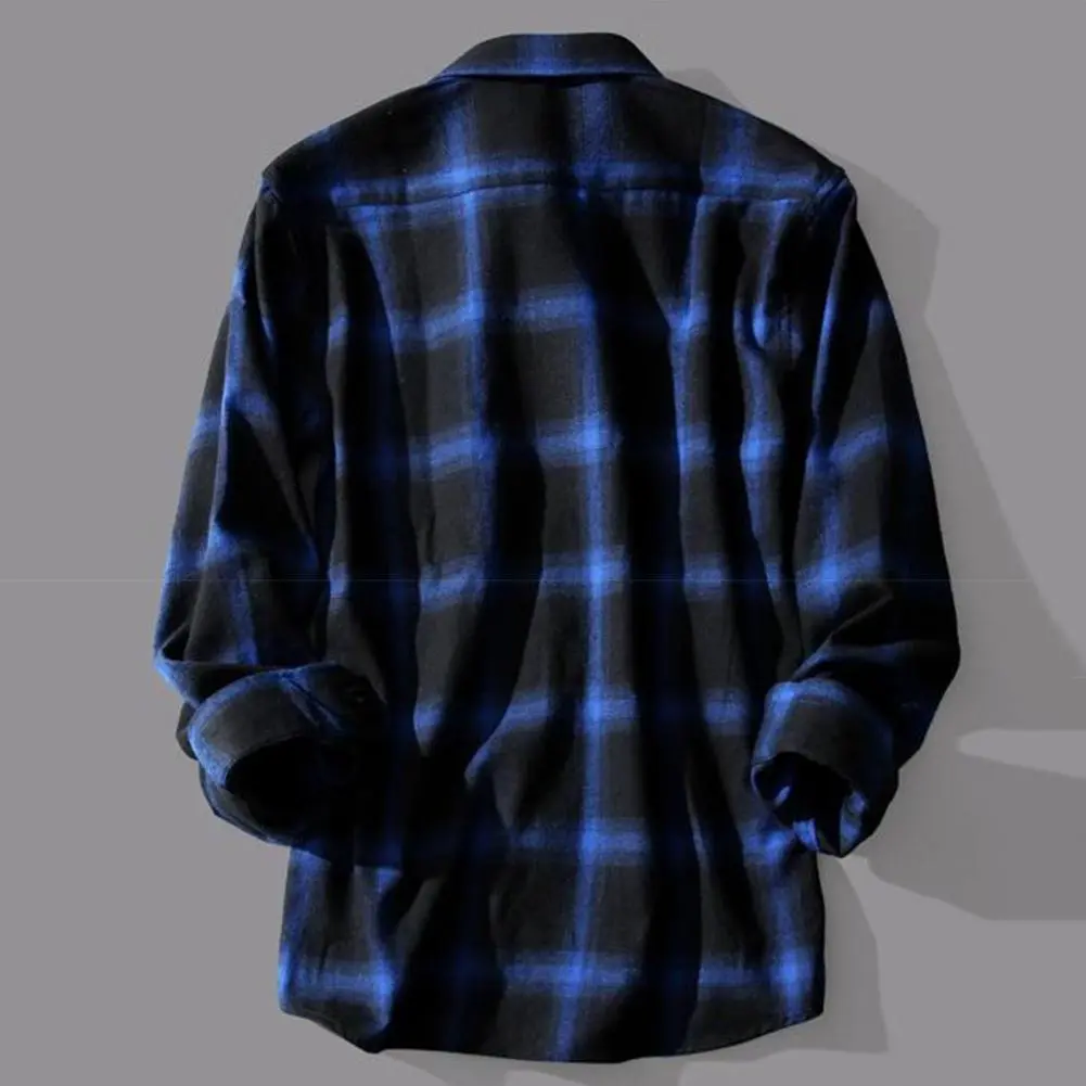 2025 Men Spring Shirt Plaid Print Long Sleeves Contrast Colors Turn-down Collar Lapel Shirt Warm Single-breasted Buttons Coat