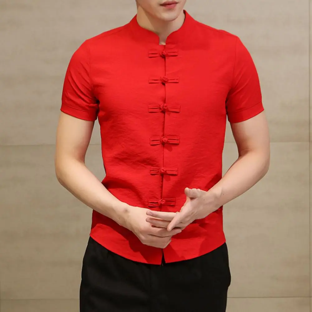 2025 Men Shirt Summer Chinese Style Solid Color Men's Stand Collar Shirt Knot ButtonsShort Sleeved Retro Mens Slim Fit Shirt