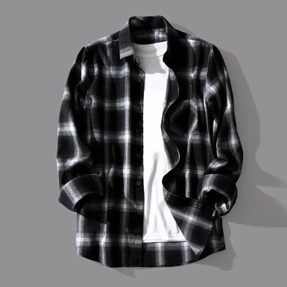 2025 Men Spring Shirt Plaid Print Long Sleeves Contrast Colors Turn-down Collar Lapel Shirt Warm Single-breasted Buttons Coat