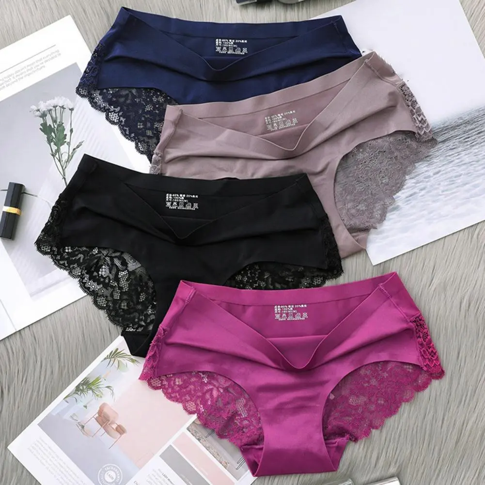 2025 Women Solid Color Mid-rise Briefs See-through Embroidery Lace Stitching Ice Silk Seamless Sexy Lace Stitching Panties
