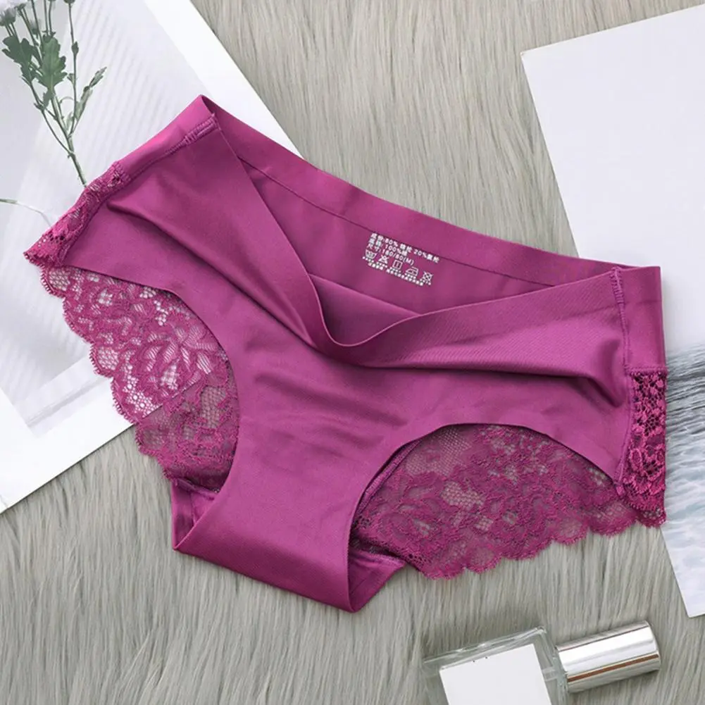 2025 Women Solid Color Mid-rise Briefs See-through Embroidery Lace Stitching Ice Silk Seamless Sexy Lace Stitching Panties