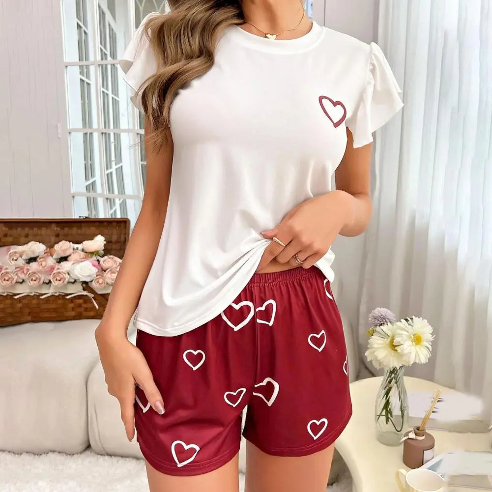 Heart Print Women Pajama Set Print Shorts Short Sleeves Milk Silk Top Casual Home Wear Two-Piece Nightwear Lounge Set Sleepwear