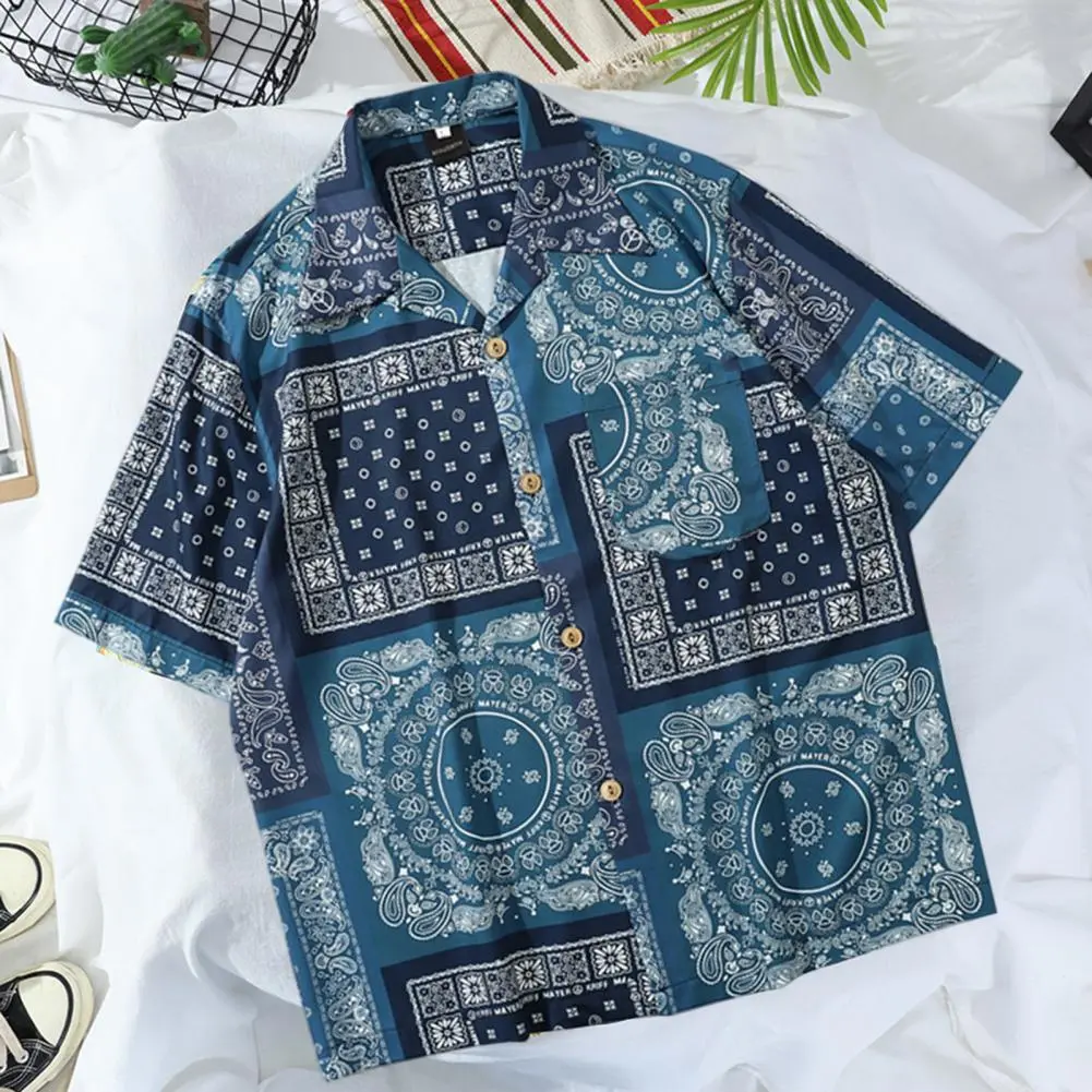 Cashew Print Men Shirt Leisure Short Sleeve Vertical Geometric Print Shirt Vintage Summer Streetwear Lapel Beach Shirt For Men