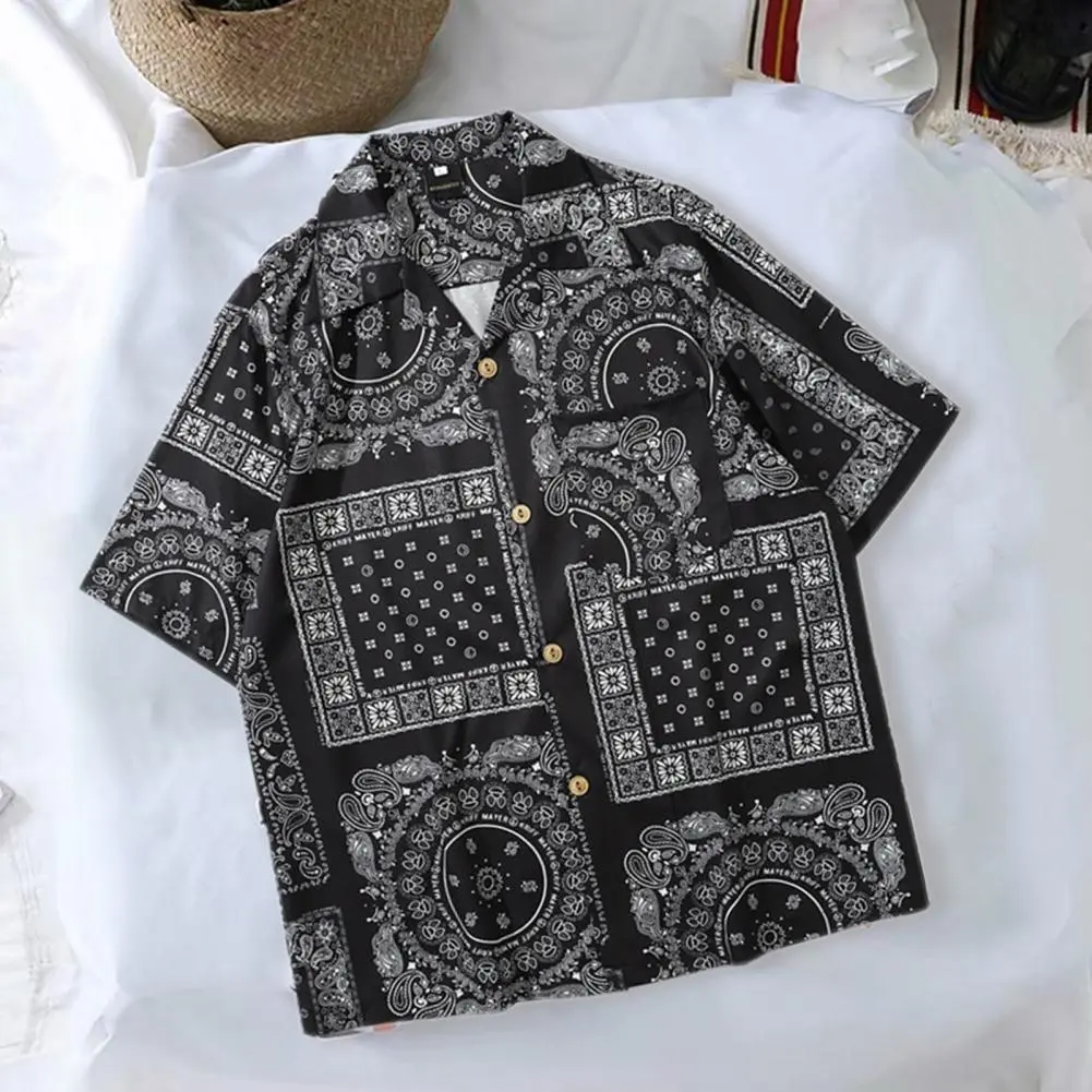 Cashew Print Men Shirt Leisure Short Sleeve Vertical Geometric Print Shirt Vintage Summer Streetwear Lapel Beach Shirt For Men
