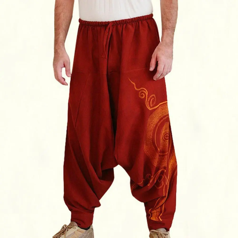 Men Yoga Pants Bohemia Pleated Oversized Casual Harem Trousers Hip-hop Style Elastic Waist Ethnic Deep Crotch Pants Men Trousers