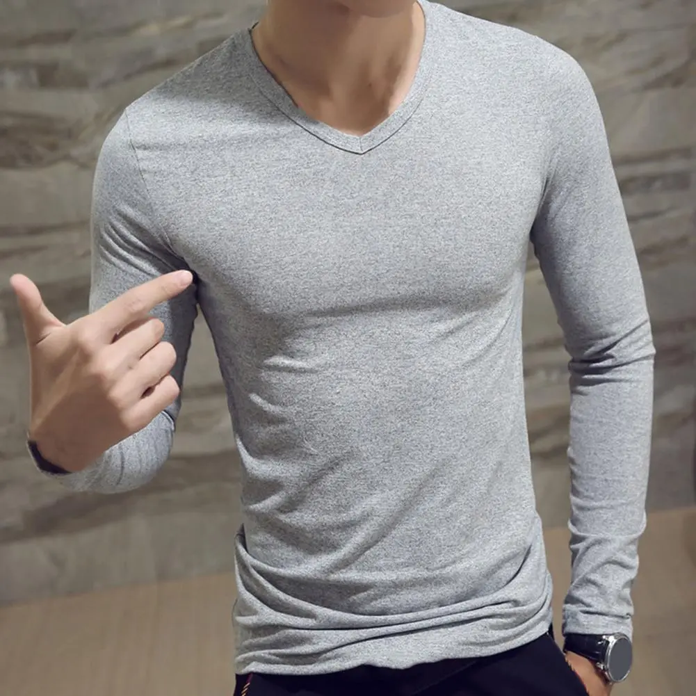 2025 Men Shirt Solid Color Pullover Casual V Neck Long Sleeve Slim Autumn Base Shirt Pullover Anti-shrink Autumn Base Shirt