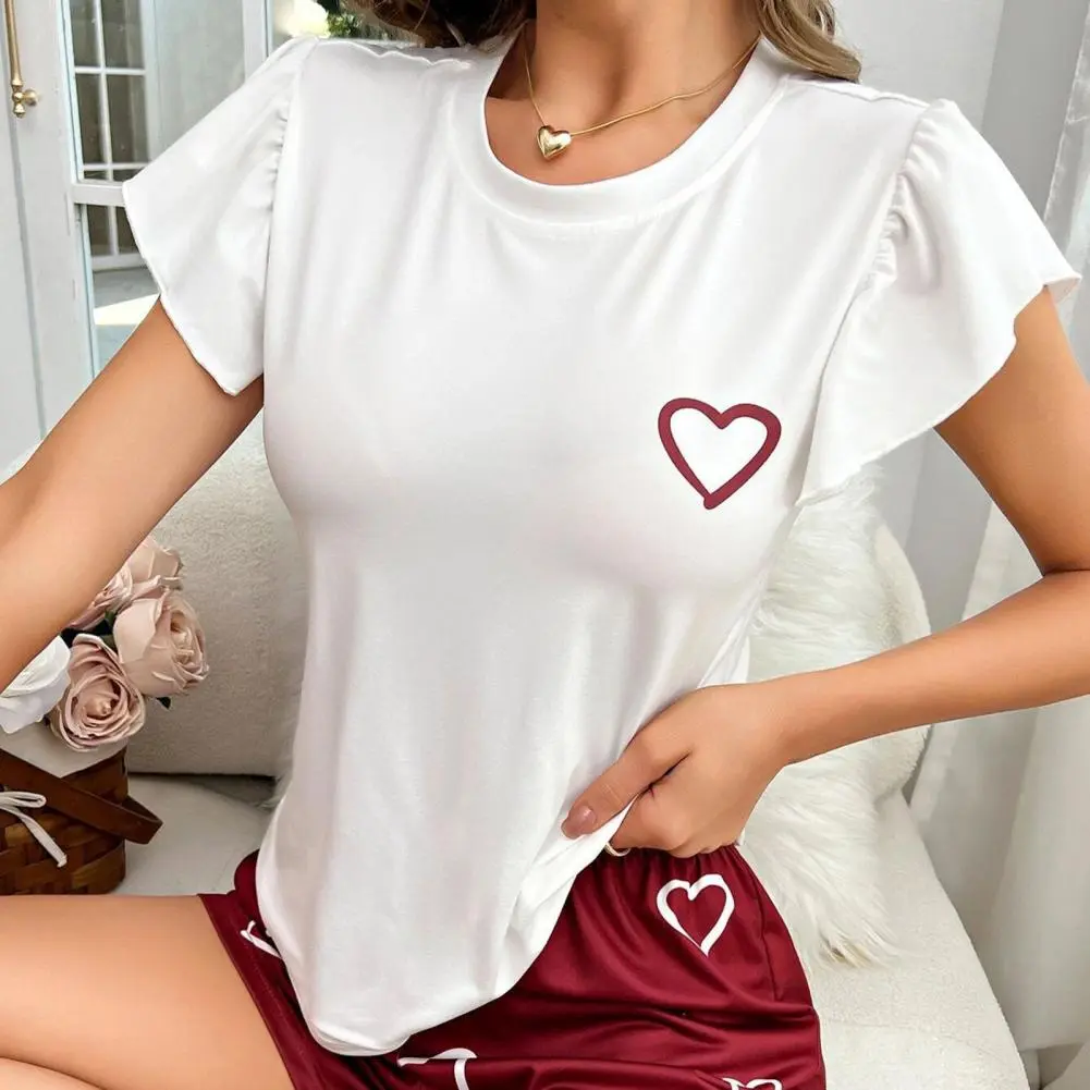 Heart Print Women Pajama Set Print Shorts Short Sleeves Milk Silk Top Casual Home Wear Two-Piece Nightwear Lounge Set Sleepwear