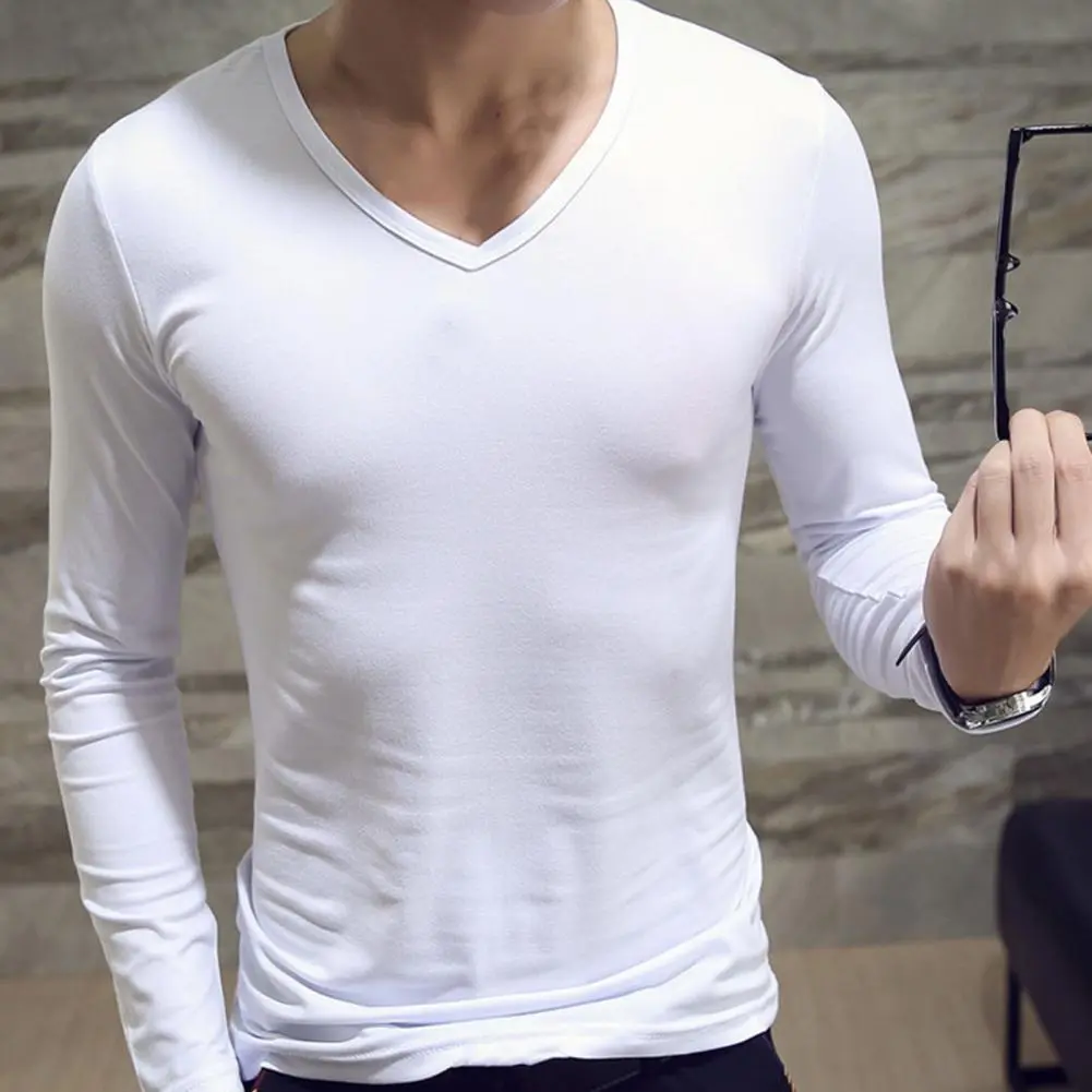 2025 Men Shirt Solid Color Pullover Casual V Neck Long Sleeve Slim Autumn Base Shirt Pullover Anti-shrink Autumn Base Shirt