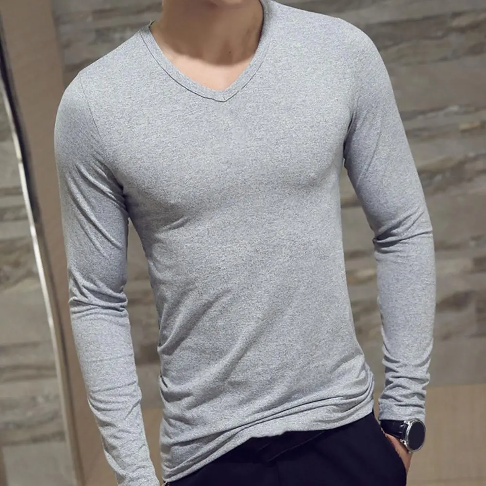 2025 Men Shirt Solid Color Pullover Casual V Neck Long Sleeve Slim Autumn Base Shirt Pullover Anti-shrink Autumn Base Shirt