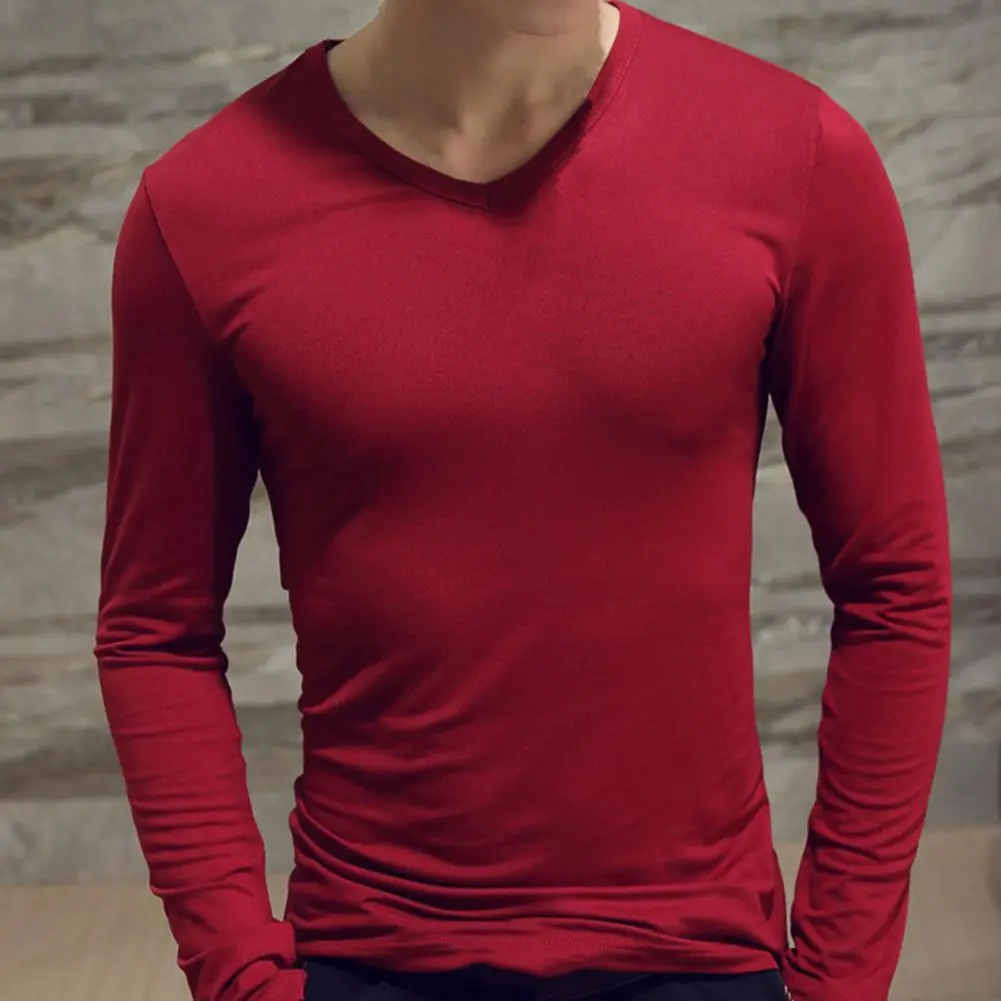 2025 Men Shirt Solid Color Pullover Casual V Neck Long Sleeve Slim Autumn Base Shirt Pullover Anti-shrink Autumn Base Shirt