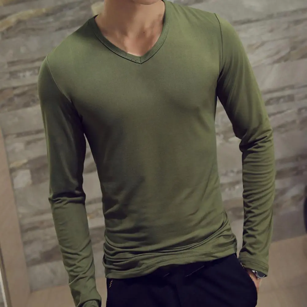 2025 Men Shirt Solid Color Pullover Casual V Neck Long Sleeve Slim Autumn Base Shirt Pullover Anti-shrink Autumn Base Shirt
