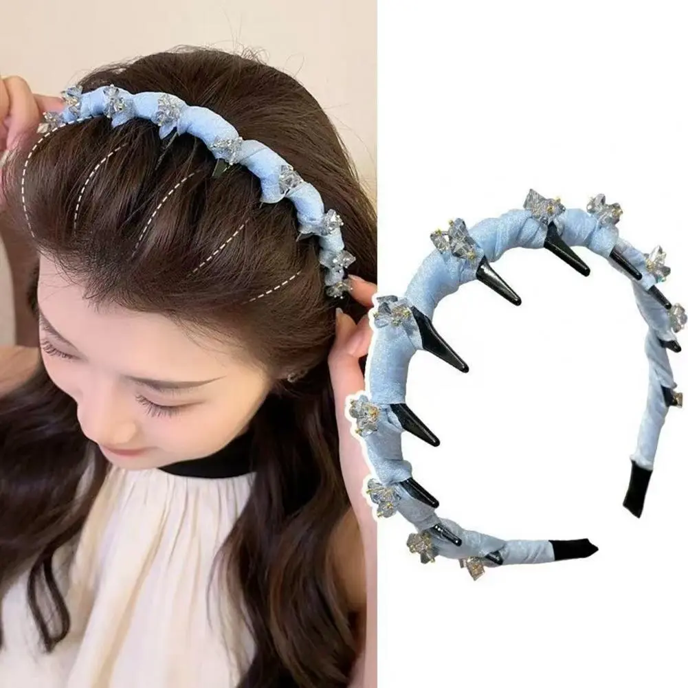 Exquisite Headband Sparkling Rhinestone Women's Headband with Colorful Fabric Cover Anti-slip Teeth Stylish Hair Accessory for A