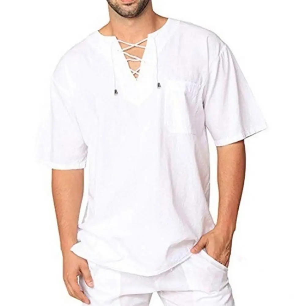 Linen V Neck T-Shirt Men Fashion Solid Color Short Sleeve Bandage Baggy Blouse Top V Neck Lace Up Casual T-shirt Men's Clothing