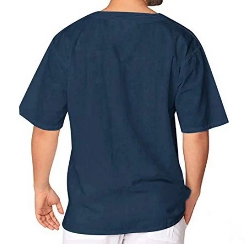 Linen V Neck T-Shirt Men Fashion Solid Color Short Sleeve Bandage Baggy Blouse Top V Neck Lace Up Casual T-shirt Men's Clothing