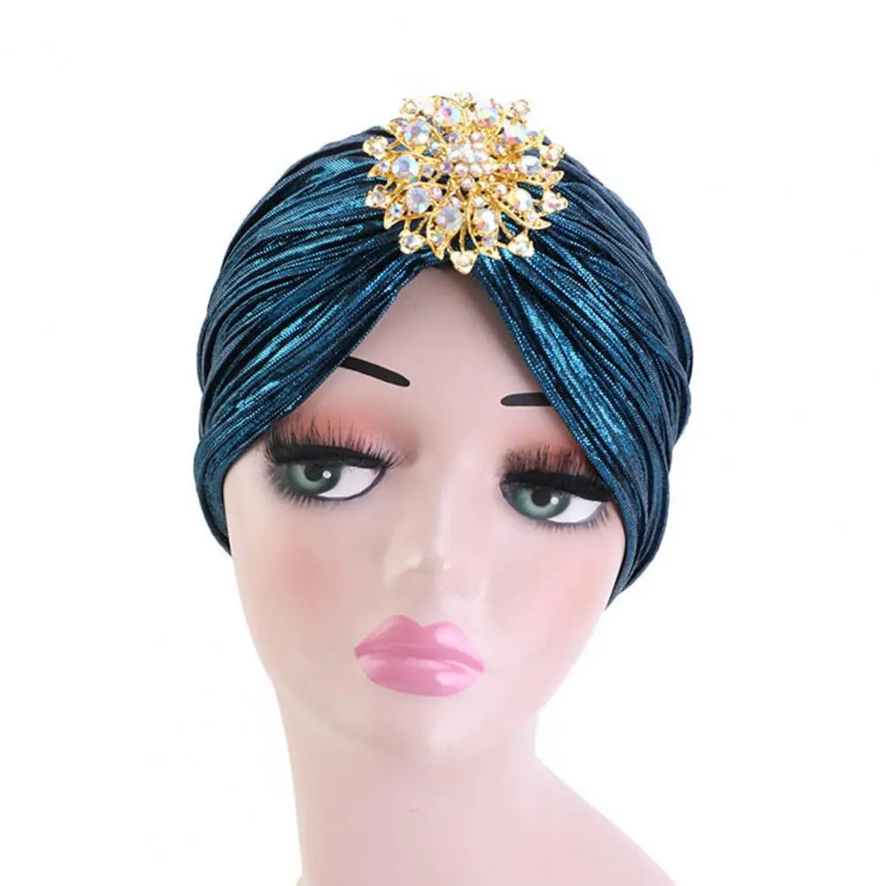 Faux Embellished Headscarf Fancy Pleated Headwrap Vintage Rhinestone Turban Hat for Women Retro Style Headscarf with Fancy