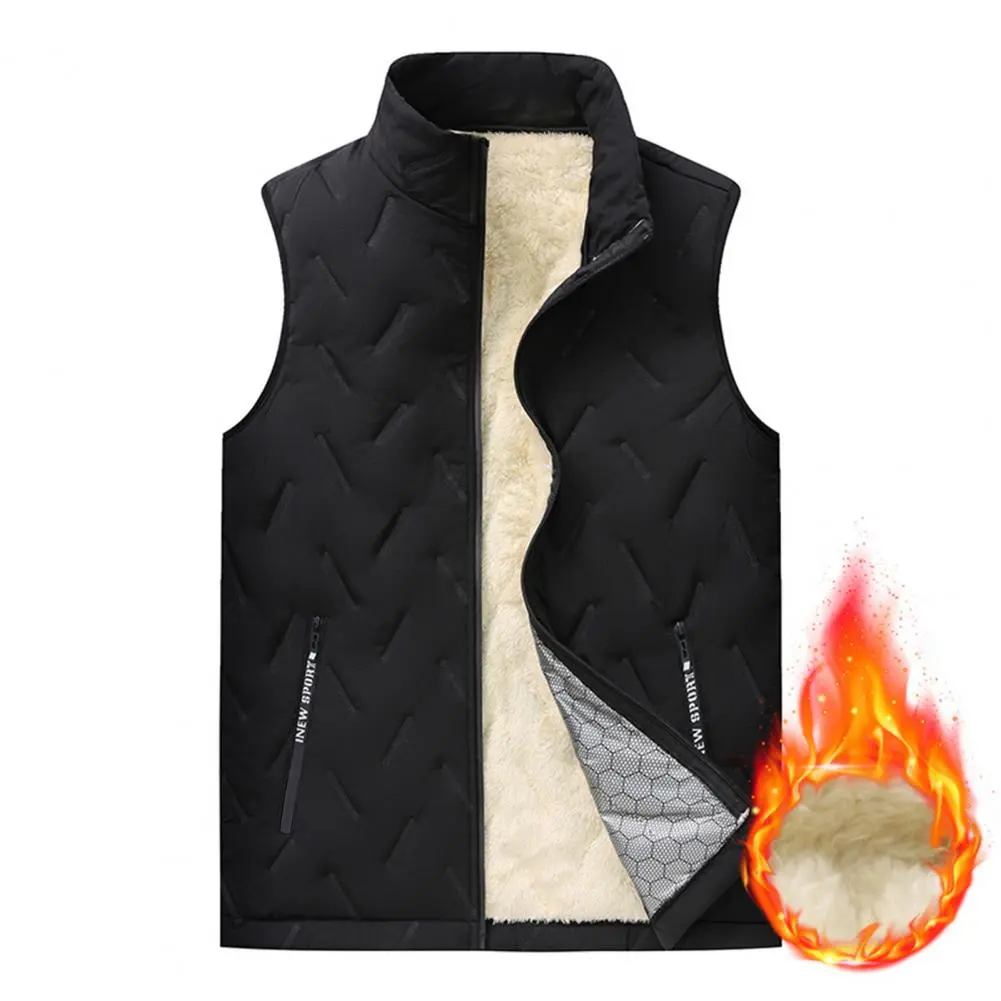 Windproof Winter Waistcoat Velvet Winter Vest Premium Men's Winter Vest Thick Padded Plush Stand Collar Windproof Zipper Closure