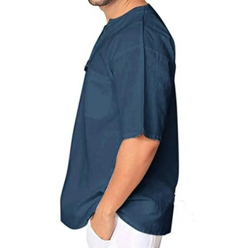 Linen V Neck T-Shirt Men Fashion Solid Color Short Sleeve Bandage Baggy Blouse Top V Neck Lace Up Casual T-shirt Men's Clothing