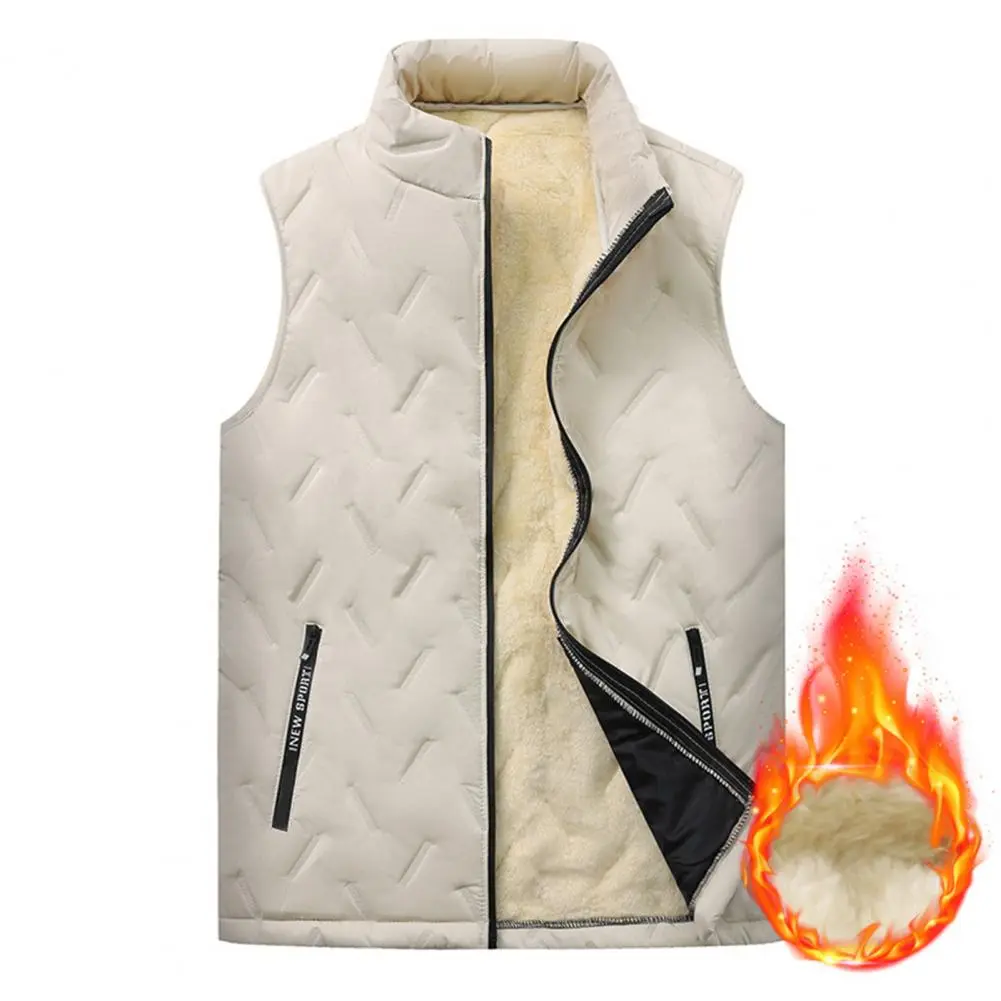 Windproof Winter Waistcoat Velvet Winter Vest Premium Men's Winter Vest Thick Padded Plush Stand Collar Windproof Zipper Closure