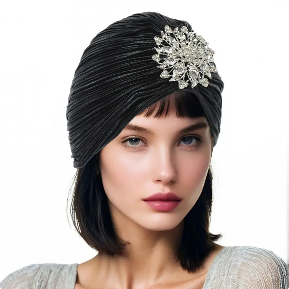 Faux Embellished Headscarf Fancy Pleated Headwrap Vintage Rhinestone Turban Hat for Women Retro Style Headscarf with Fancy