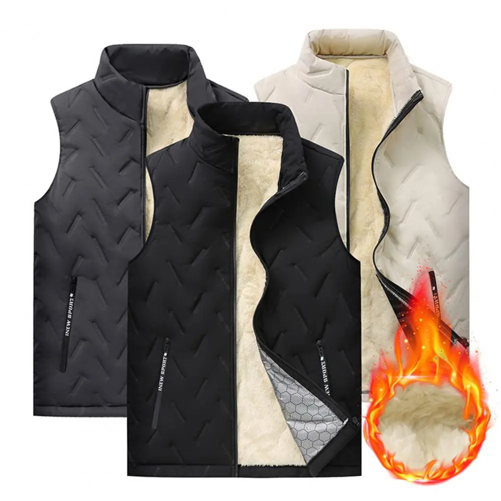 Windproof Winter Waistcoat Velvet Winter Vest Premium Men's Winter Vest Thick Padded Plush Stand Collar Windproof Zipper Closure