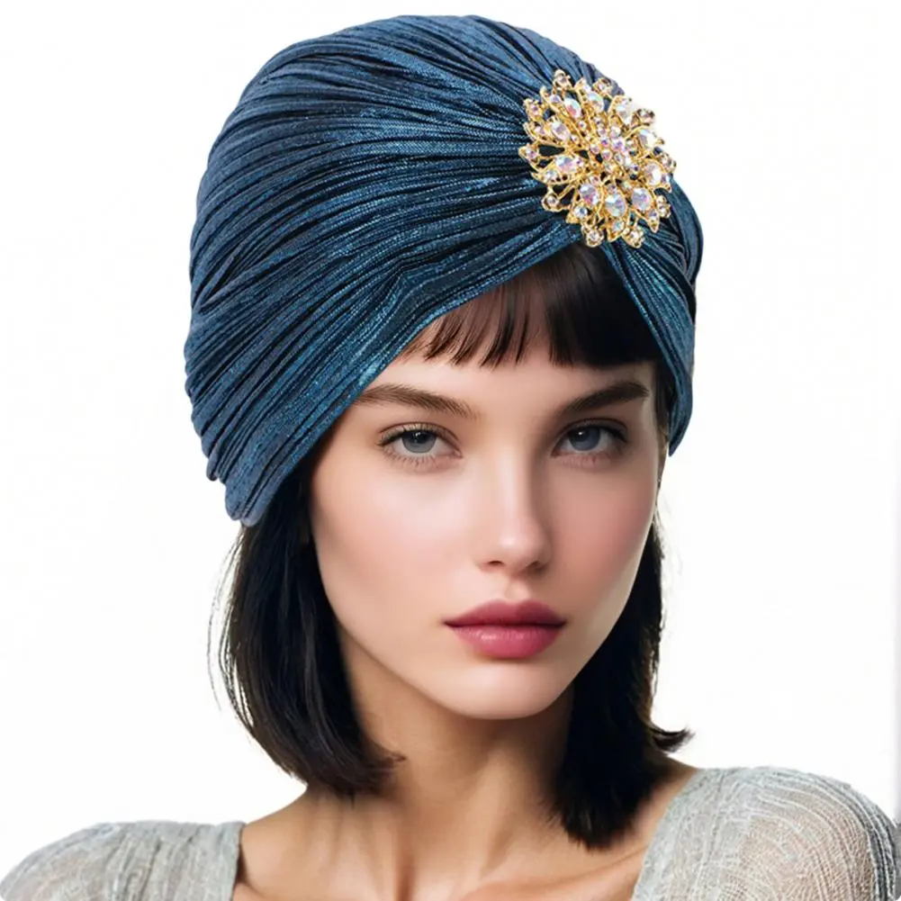 Faux Embellished Headscarf Fancy Pleated Headwrap Vintage Rhinestone Turban Hat for Women Retro Style Headscarf with Fancy
