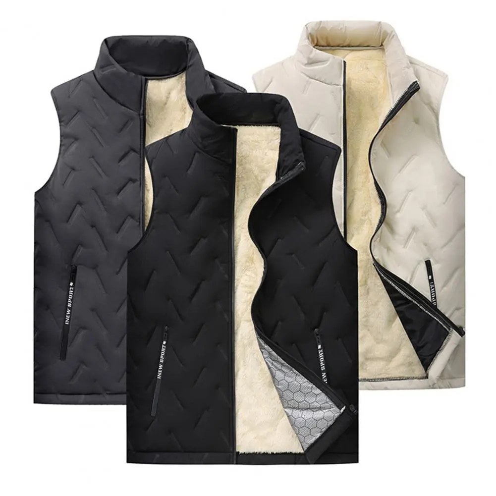 Windproof Winter Waistcoat Velvet Winter Vest Premium Men's Winter Vest Thick Padded Plush Stand Collar Windproof Zipper Closure