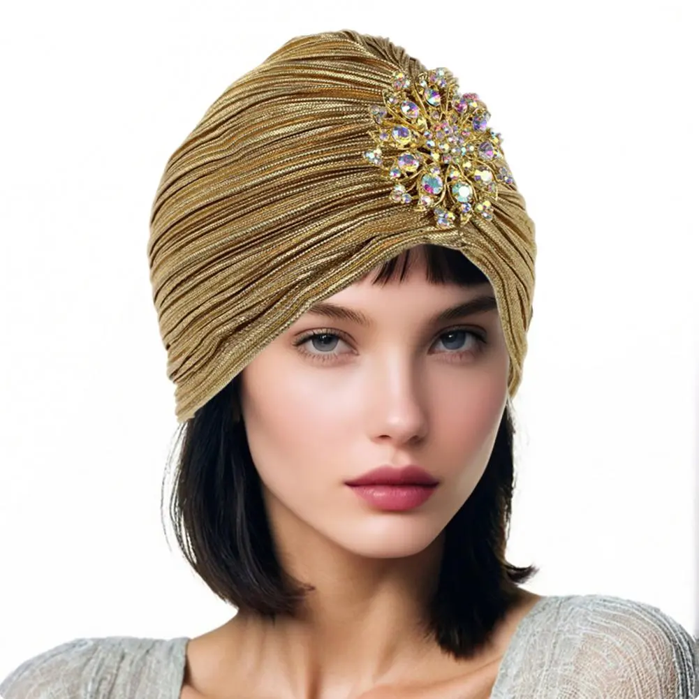 Faux Embellished Headscarf Fancy Pleated Headwrap Vintage Rhinestone Turban Hat for Women Retro Style Headscarf with Fancy