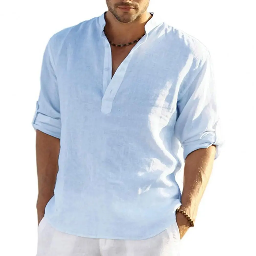 2025 Men Casual Shirt Cotton Linen Loose Long Sleeve Tee Shirt Handsome Men's Shirts Solid Color Breathable Men Beach Shirt