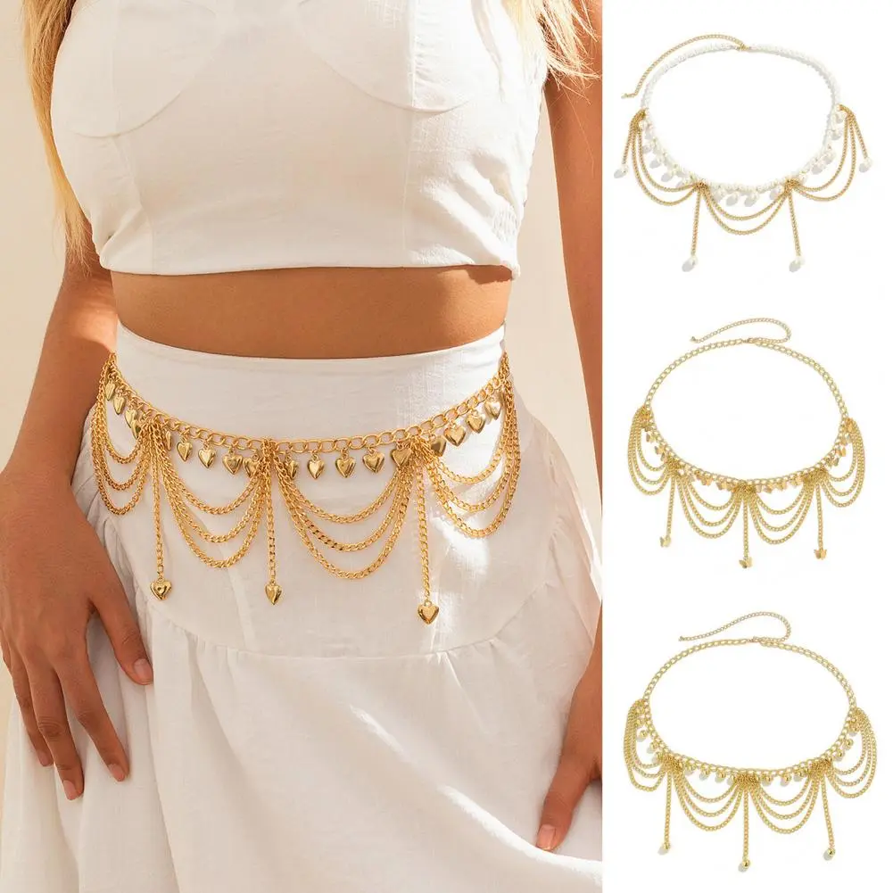 2025 Women Waist Belt Waist Belt Chic Waist Chain Heart Pendant Tassel Detail Multi Layer Geometric Pattern Belt for Nightclubs