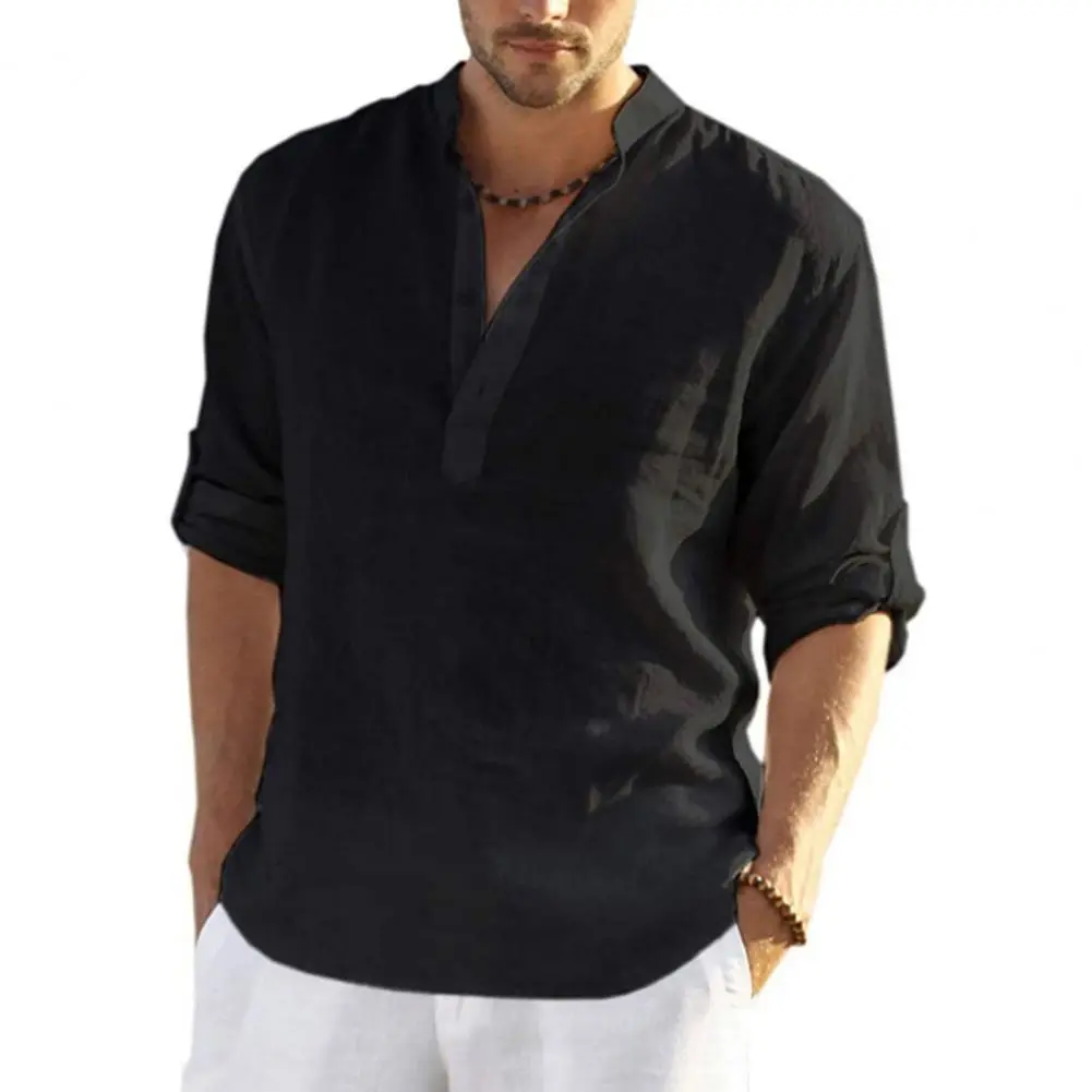 2025 Men Casual Shirt Cotton Linen Loose Long Sleeve Tee Shirt Handsome Men's Shirts Solid Color Breathable Men Beach Shirt
