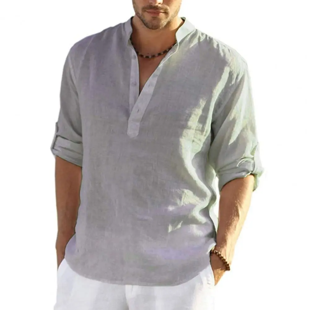 2025 Men Casual Shirt Cotton Linen Loose Long Sleeve Tee Shirt Handsome Men's Shirts Solid Color Breathable Men Beach Shirt