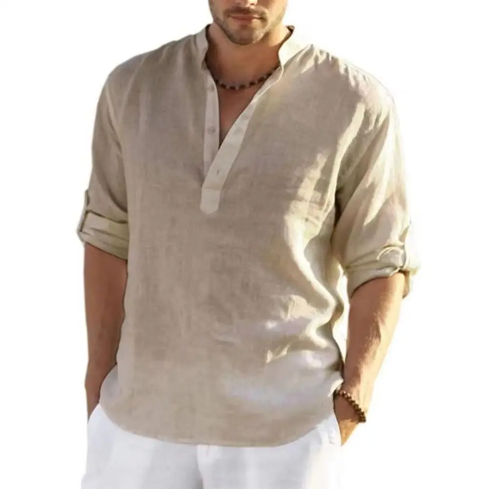 2025 Men Casual Shirt Cotton Linen Loose Long Sleeve Tee Shirt Handsome Men's Shirts Solid Color Breathable Men Beach Shirt