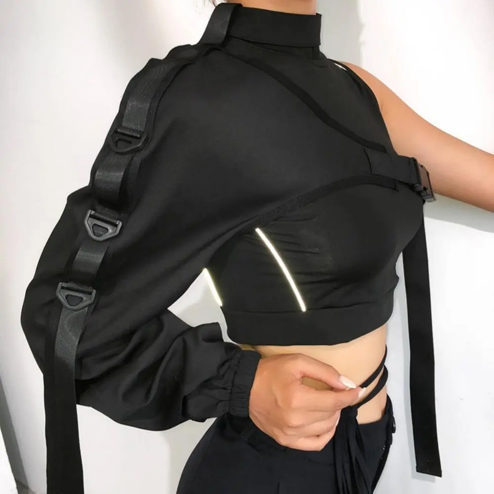 Women Chic Choker One Long Sleeve Strap Buckle Reflective Halter Smock Blouse Hip Hop High Street Female Reflective Women Blouse
