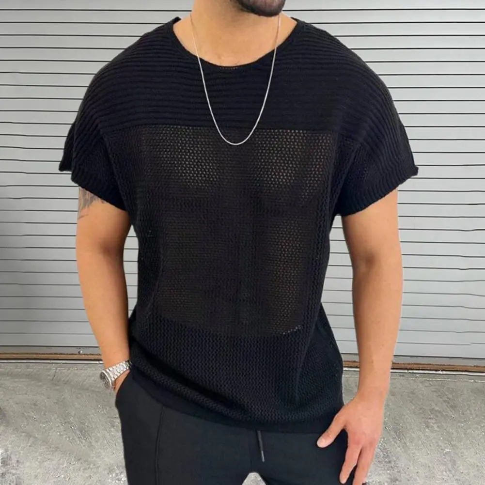 Thin Hollow Knitted Short-sleeved Men's Round Neck Short-sleeved Pullover Summer Slim Knitted Hollow Mesh T-shirt Men's Clothing