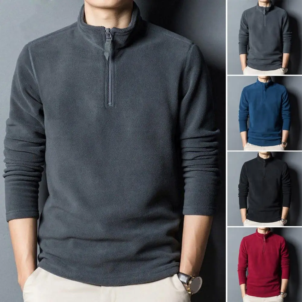 2024 Polar Fleece Men Solid Color Sweatshirt Cozy Men's Winter Sweatshirt Zipper Stand Collar Thick Polar Fleece Neck Protection