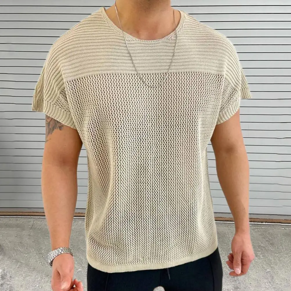 Thin Hollow Knitted Short-sleeved Men's Round Neck Short-sleeved Pullover Summer Slim Knitted Hollow Mesh T-shirt Men's Clothing