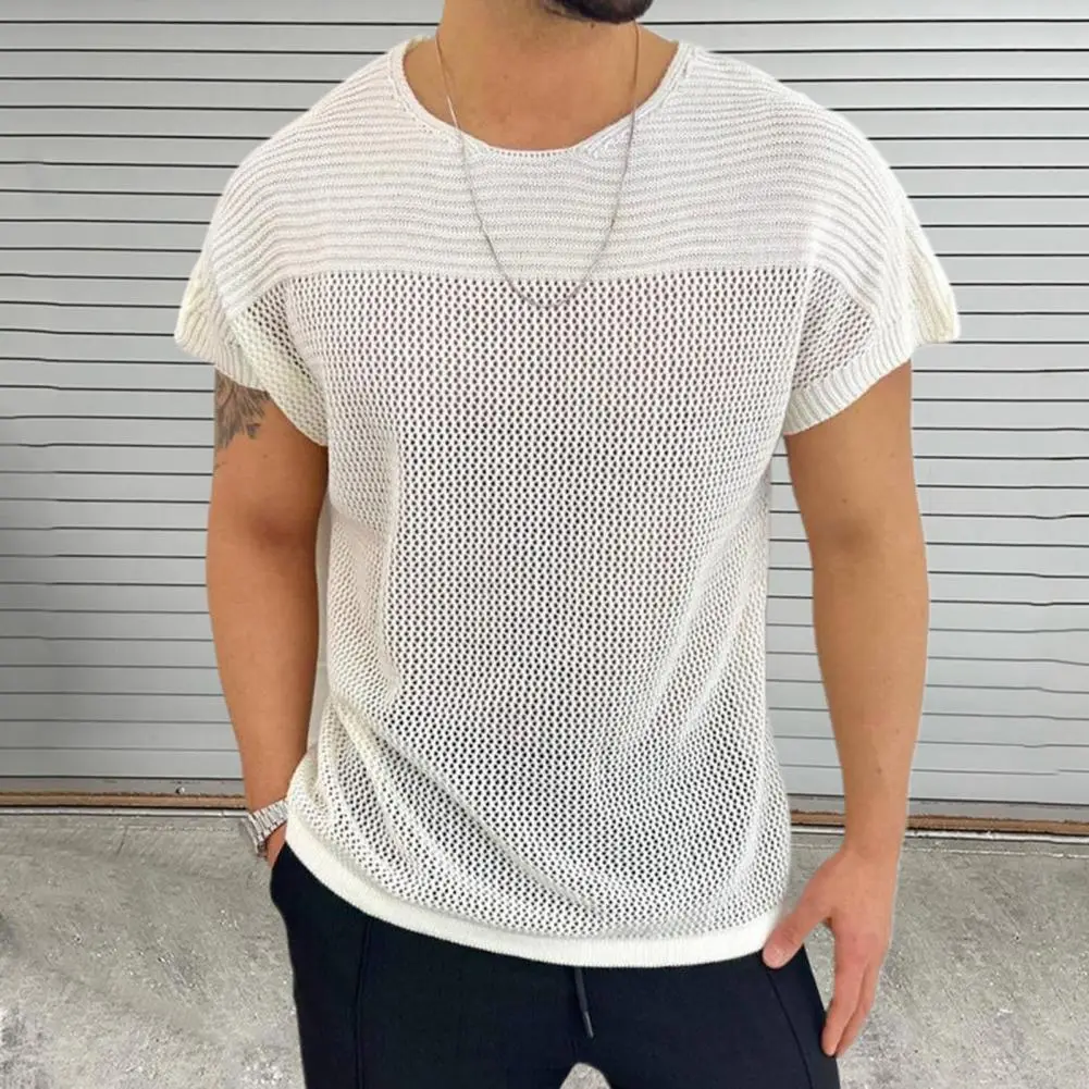 Thin Hollow Knitted Short-sleeved Men's Round Neck Short-sleeved Pullover Summer Slim Knitted Hollow Mesh T-shirt Men's Clothing