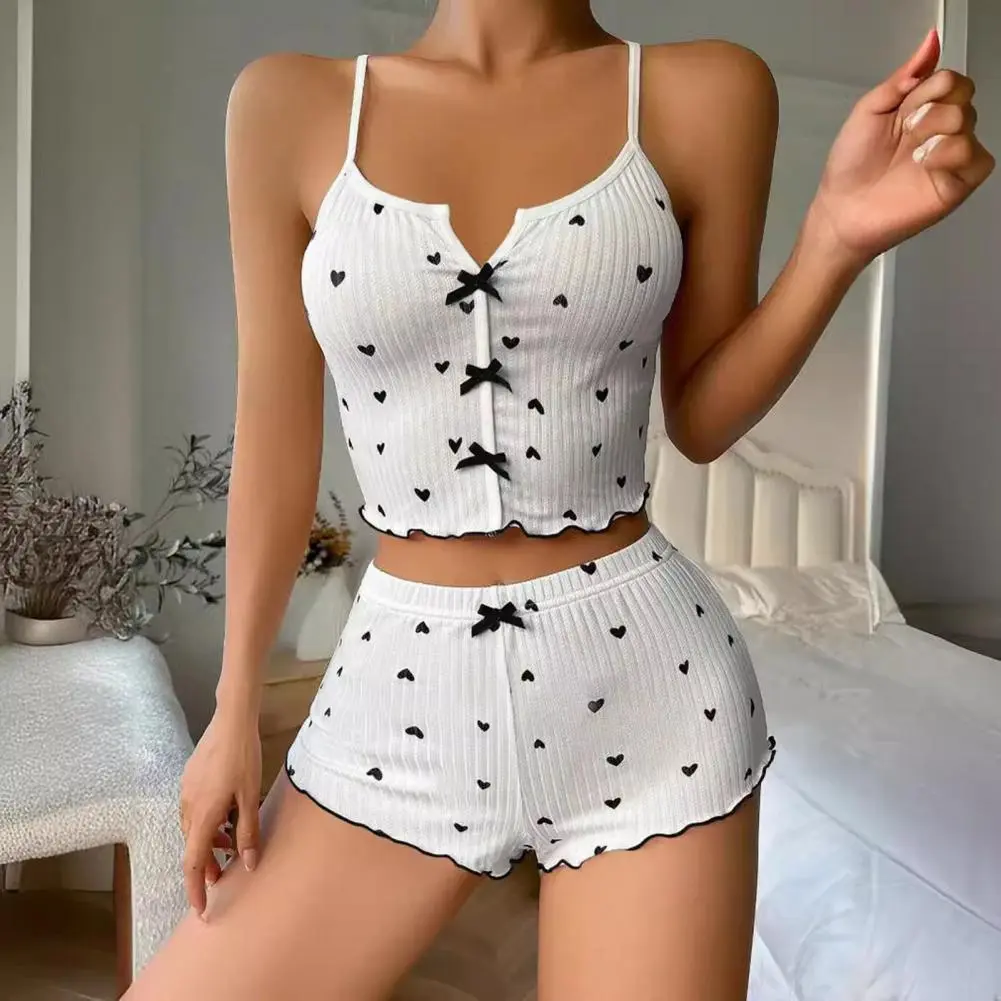 2025 2 Pcs/Set Women Vest Shorts Suit Bow Heart Print Refreshing Style Home Clothes Lady Crop Top Shorts Set Women Pajama Set