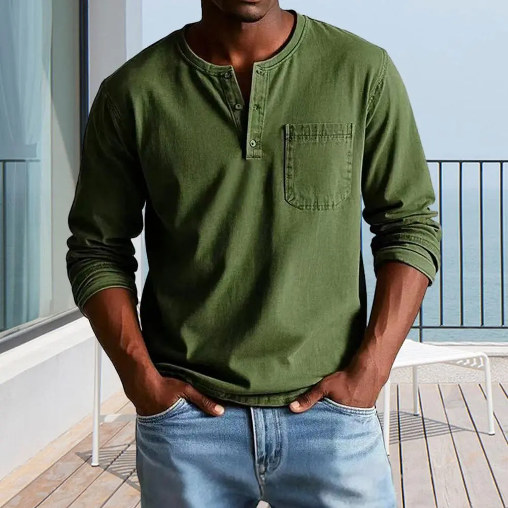 Men T-shirt Round Neck Buttons Collar Long Sleeve Tee Shirt with Front Pocket Solid Color Slim Fit Comfortable Men T-shirt