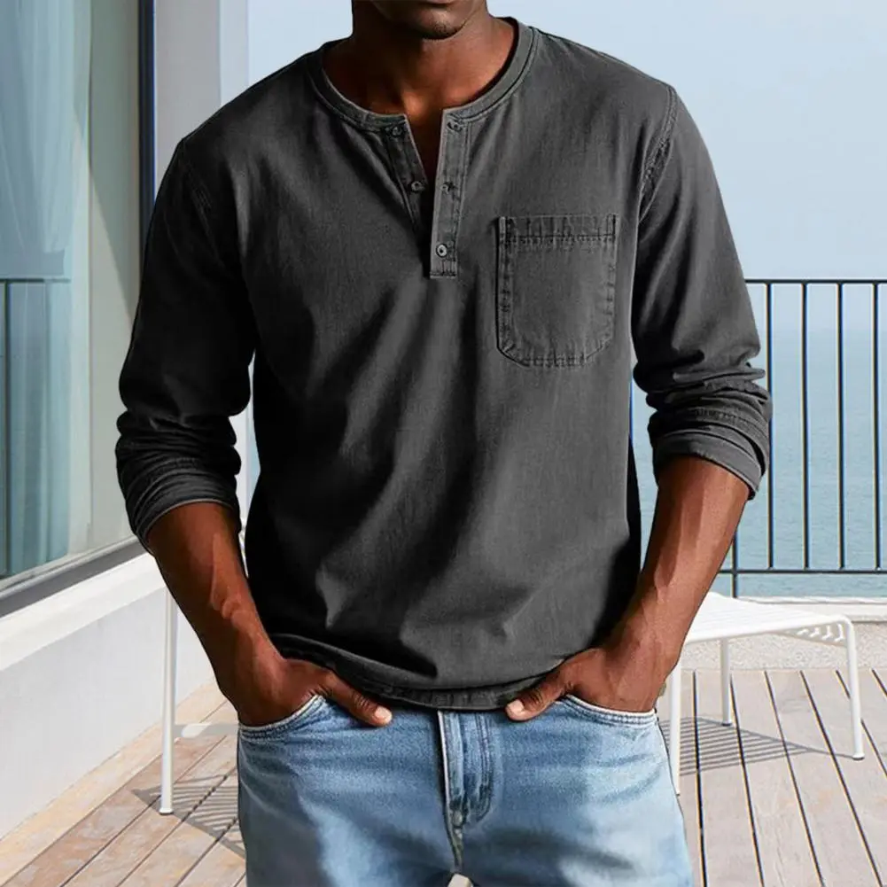 Men T-shirt Round Neck Buttons Collar Long Sleeve Tee Shirt with Front Pocket Solid Color Slim Fit Comfortable Men T-shirt