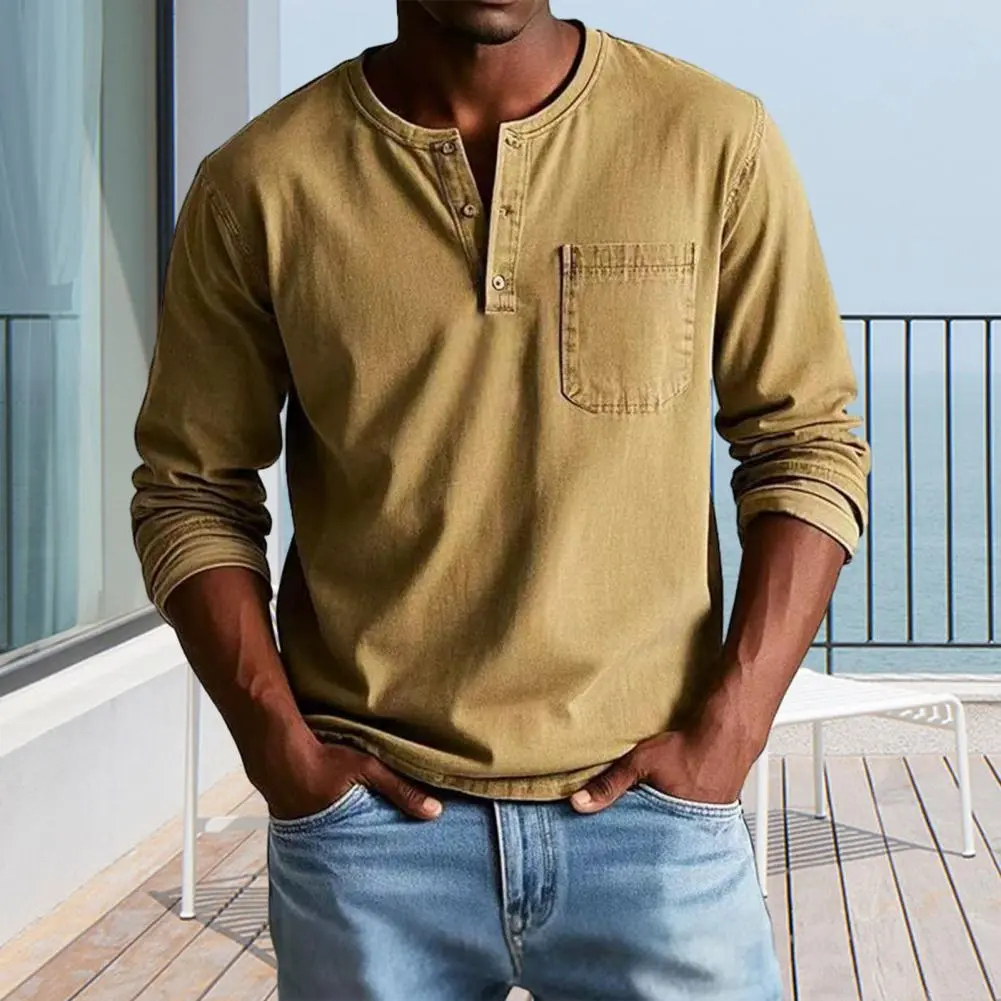 Men T-shirt Round Neck Buttons Collar Long Sleeve Tee Shirt with Front Pocket Solid Color Slim Fit Comfortable Men T-shirt