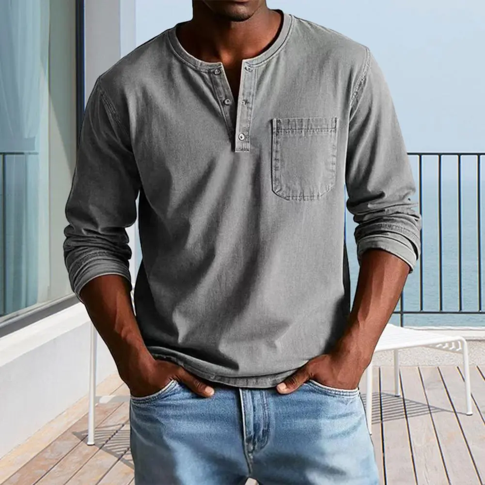 Men T-shirt Round Neck Buttons Collar Long Sleeve Tee Shirt with Front Pocket Solid Color Slim Fit Comfortable Men T-shirt