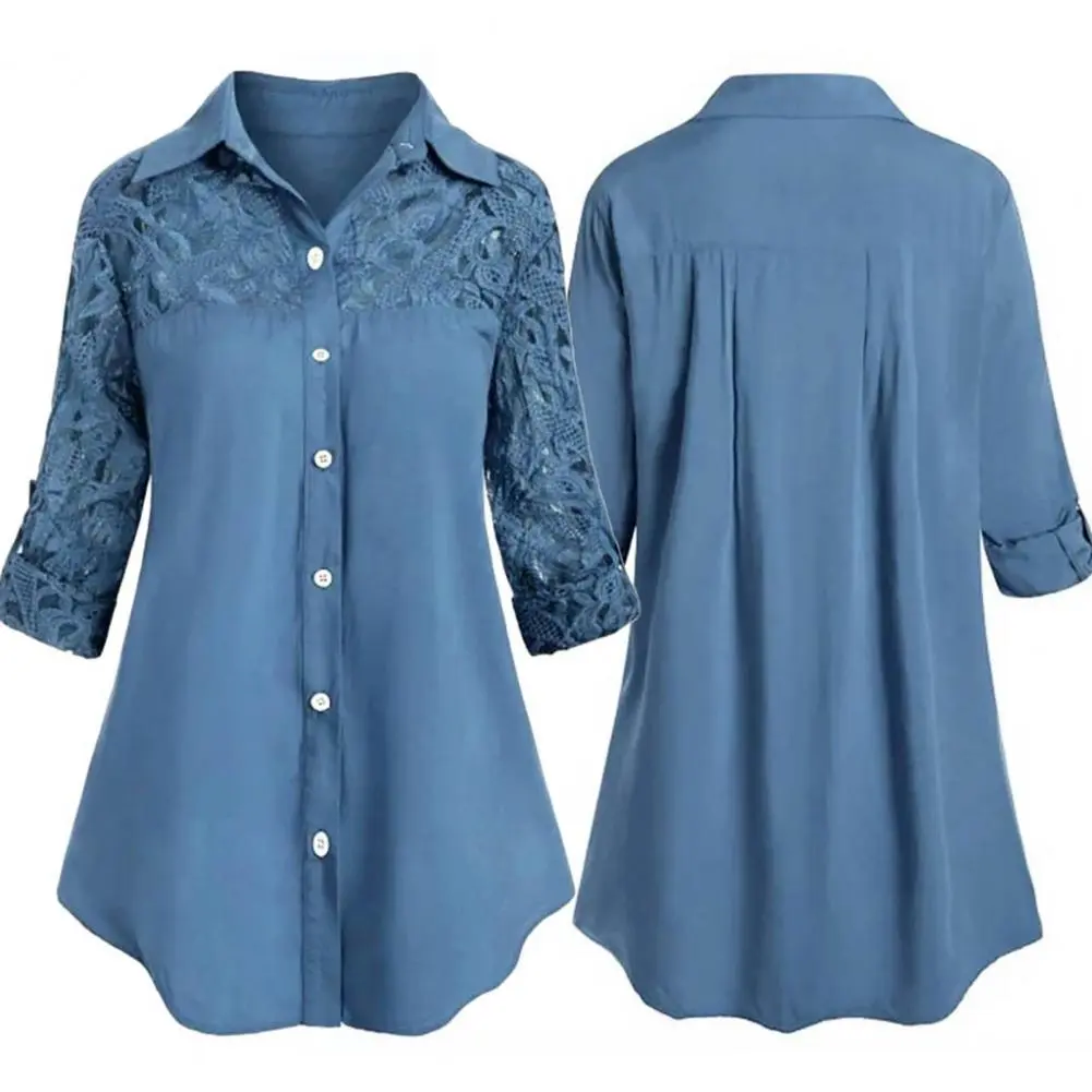 Lace Stitching Women Blouse Casual Shirts Chic Elegant Floral Lace Fashion Long Sleeve Cotton Shirts Oversize solid Blouse