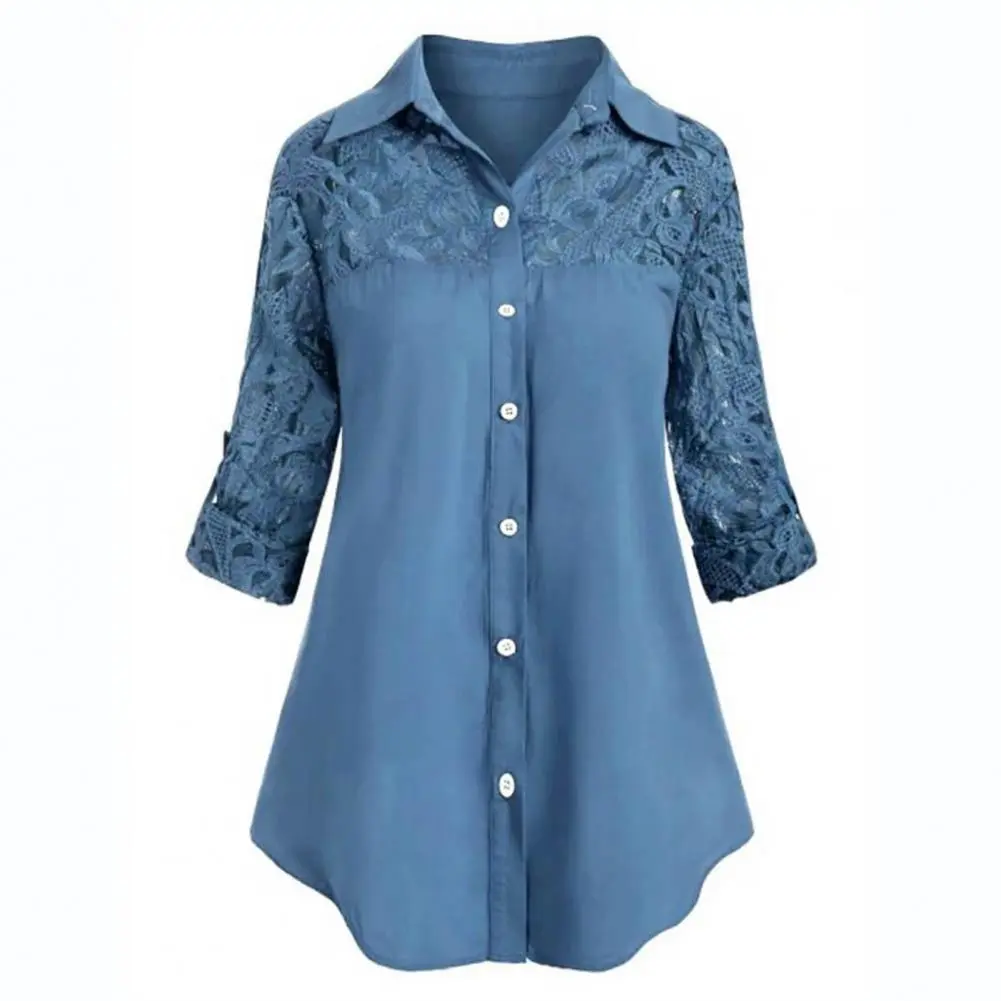Lace Stitching Women Blouse Casual Shirts Chic Elegant Floral Lace Fashion Long Sleeve Cotton Shirts Oversize solid Blouse