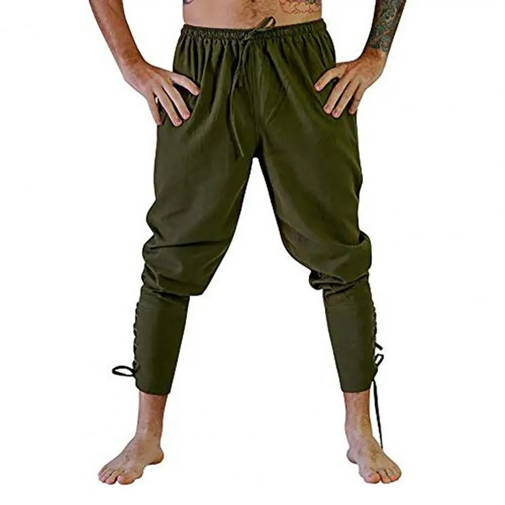 Vintage Bandage Men Medieval Pants Elastic Waist Renaissance Casual Pirate Pants Drawstring Viking Ankle Length Medieval Pants