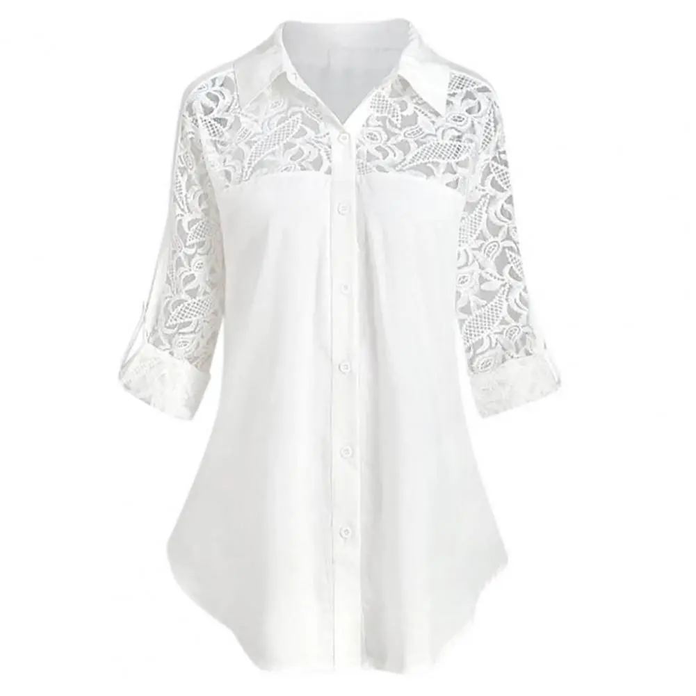 Lace Stitching Women Blouse Casual Shirts Chic Elegant Floral Lace Fashion Long Sleeve Cotton Shirts Oversize solid Blouse
